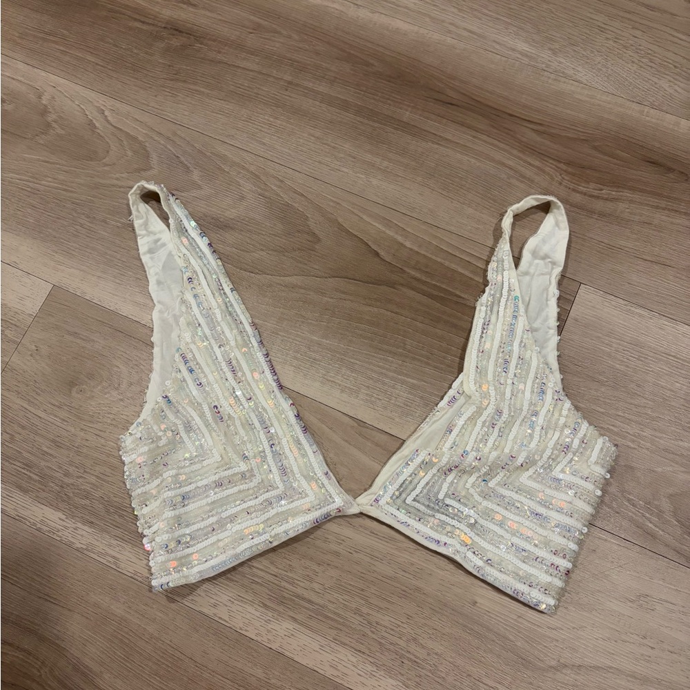 Retrofete Sequin Embellished Cream Crop Top